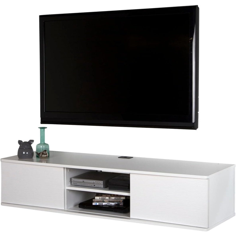 Console multimédia murale flottante avec portes coulissantes, tablettes réglables et gestion des câbles pour le salon