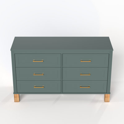 Commode double à 6 tiroirs, armoire de rangement moderne avec poignées en métal et pieds en bois massif, organisateur de tiroir pour chambre d'enfant, commode en bois robuste avec préinstallé