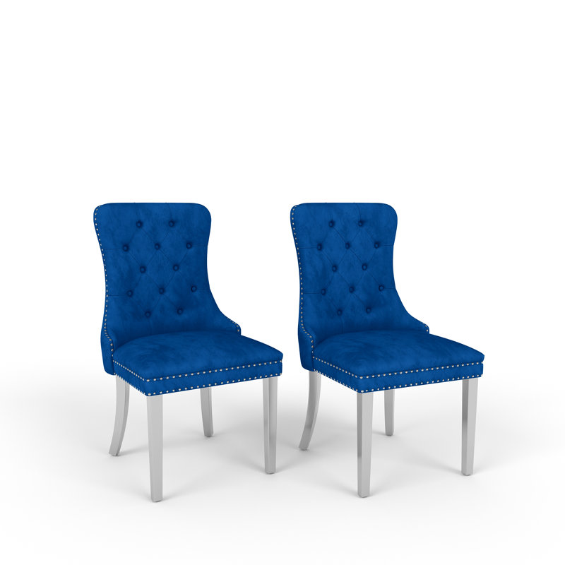 Tufted Velvet Upholstered Wingback  Dining Chair, Silver, Blue