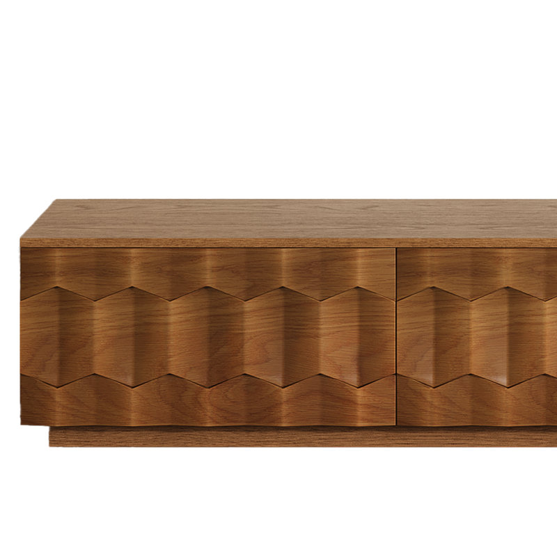 Meuble télé 70,9 po avec rangement, 3 tiroirs, façades en bois texturé et finition chêne, H 13,60 po x l 70,90 po x P 15 po