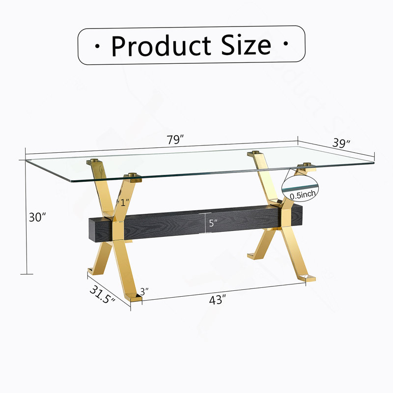 Table de salle à manger rectangulaire 1 pièce sans chaise, H 30 po x L 79 po x l 39 po, Noir / or
