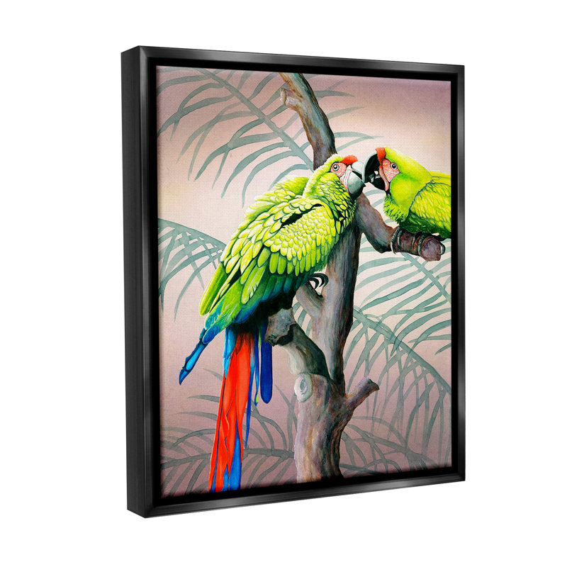 "Perroquets jouant sur une branche" par Christine Reichow sur toile, H 21 po x l 17 po, Cadre flottant noir de jais