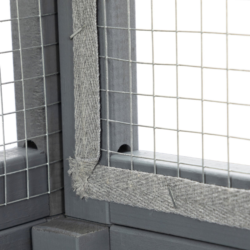 Fenêtre d'extérieur pour chat de 70 pouces avec roulettes, 3 espaces de repos relaxants, portes verrouillables et boîte privée en feuille de soleil pour maison grise, fabrication en bois de pin imperméable