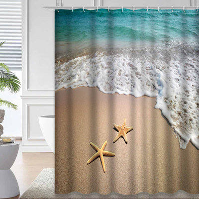 Two Starfish Beach Star Fish Shore Sand Sea Water Aquatic Blue Coast Shower Curtain with 12 Hooks