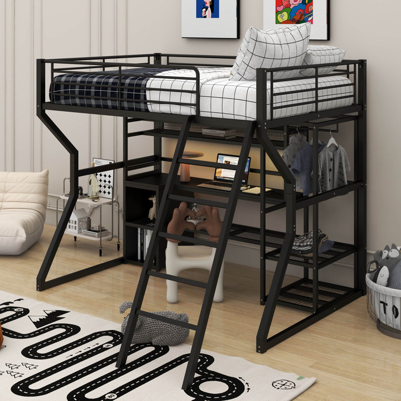 Lit mezzanine double en métal avec poste de travail intégré, garde-robe ouverte, DEL et rangement multiple