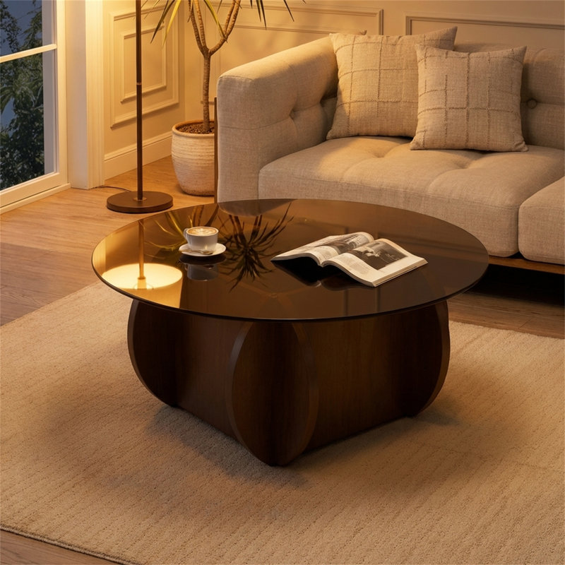 Modern Round Glass Coffee Table, Walnut