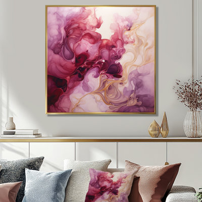 Magenta Clouds Touch Of Gold - Liquid Ink Abstract Wall Art Living Room