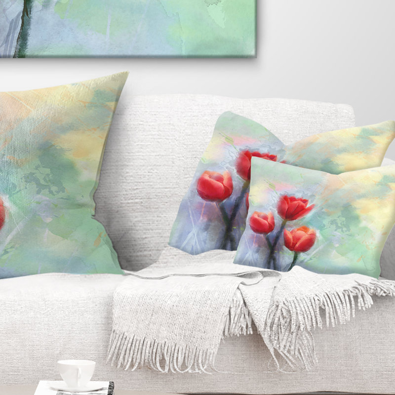 Coussins décoratifs à imprimé floral tulipes rouges sur fond bleu clair, 12 po x 20 po, Rectangle
