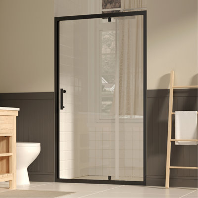 Porte de douche pivotante l 41 à 43 po x H 72 po, porte de douche en verre trempé clair de 1/4 po (6 mm) avec film anti-explosion, revêtement réversible Nano facile à installer, noir mat