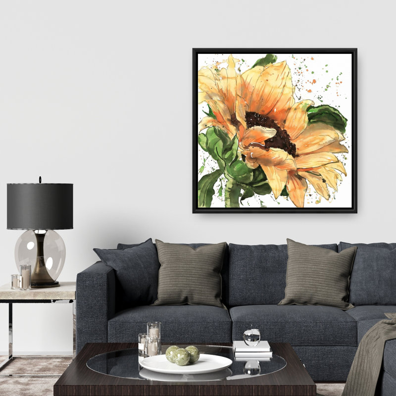 Tournesol en fleurs - Décoration florale encadrée sur toile brune