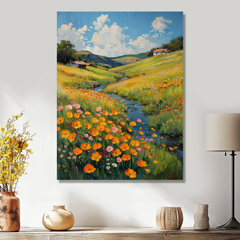 «Yellow Wildflower Summer Meadow Breeze II - Wildflowers», reproduction d'art murale, Métal métal, H 30 po x l 40 po