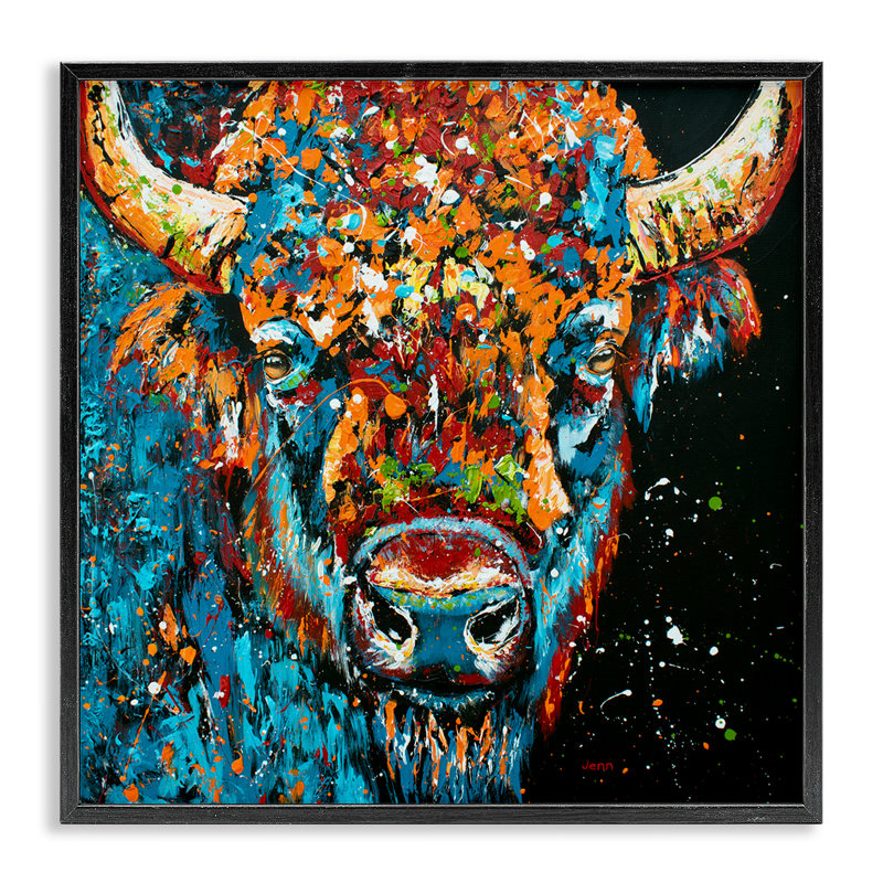 Art moderne de giclée de style bison moderne par Jen Seeley, Giclée encadrée noir minuit, H 12 po x l 12 po x P 1,5 po