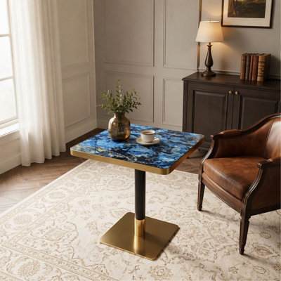Table de bistro carrée moderne, petite table basse/repas en marbre de 60 cm (23,7 po) avec finition agate brillante et bordure en acier inoxydable doré, piètement central robuste en acier au carbone pour petits espaces, appartement, antidérapante