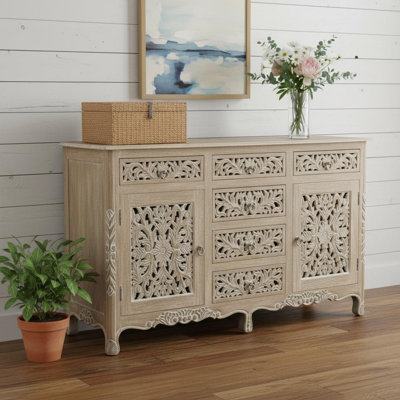 66" Grey Distressed Solid Wood Carved Floral Six Drawer Sideboard with Two Doors