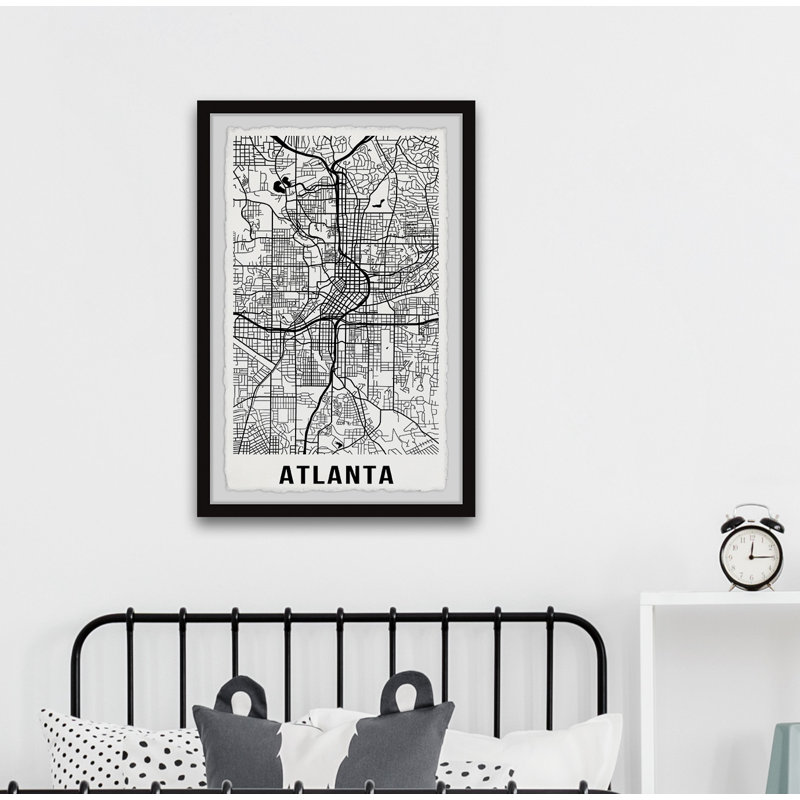 Carte détaillée de la rue d'Atlanta - Reproduction d'art textuel sur papier encadré, H 18 po x l 12 po x P 1,5 po