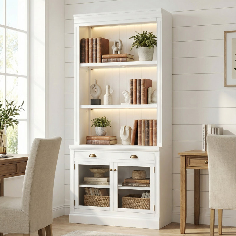 Bibliothèque de 83,4 pouces de hauteur avec éclairage à DEL, avec 2 portes en verre et 1 tiroir, idéale pour les salons et les bureaux à domicile, blanc