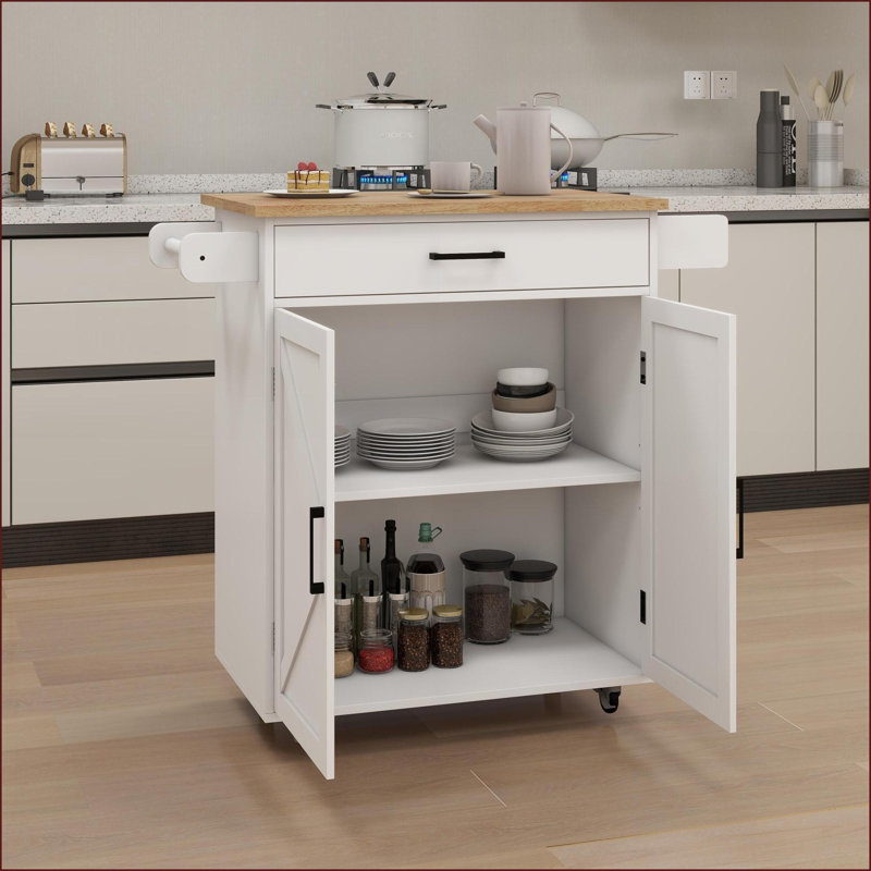 Kitchen Island Rolling Cart with Adjustable Shelves &amp; Towel Rack | Snow White Rubber Wood Top | E1 MDF