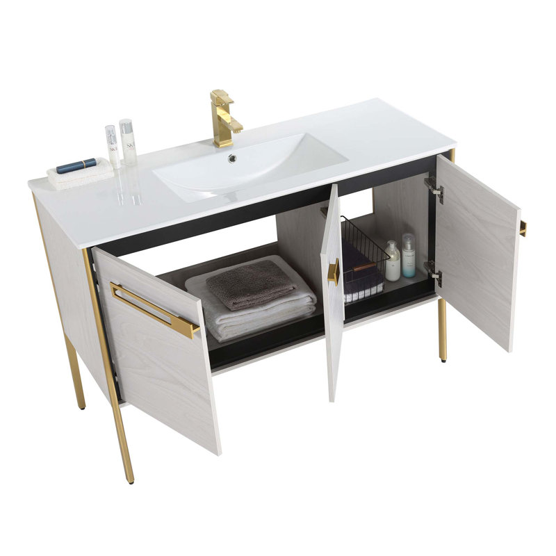Meuble-lavabo simple 48 po, Laiton satiné, Chêne gris doux