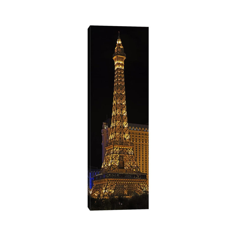 Replica Of The Eiffel Tower Lit Up At Night, Paris Las Vegas - Wrapped Canvas Panoramic Print