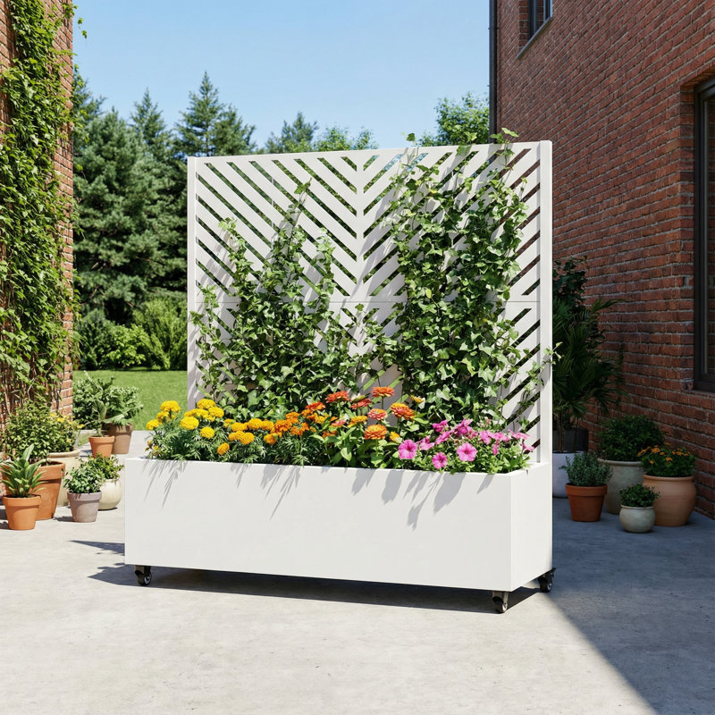 Metal Planter Box with Trellis with Wheels, 47" H x 47" W x 16" D, White