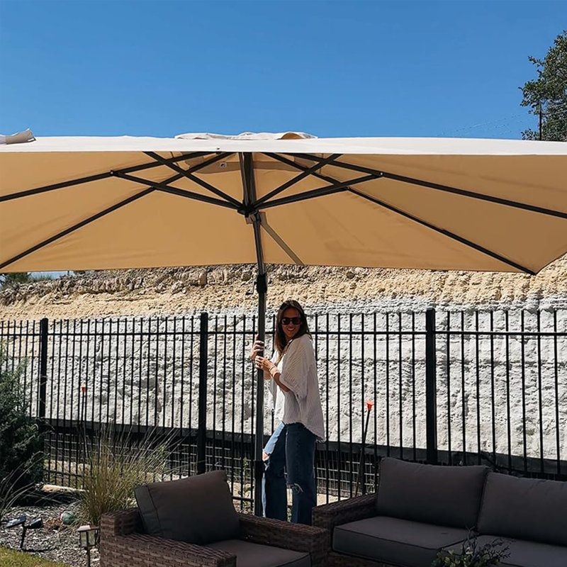 108'' x 138'' Rectangular Large Cantilever Outdoor Aluminum Offset Umbrella with Base and 360-degree Rotation, Beige