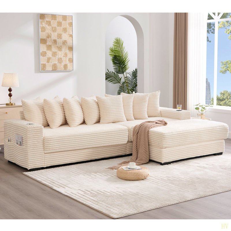 Canapé modulaire en L 110,75 po, canapé modulaire en velours côtelé, avec repose-pieds mobile, porte-gobelets, 8 coussins décoratifs, poche latérale, déplier dans un lit