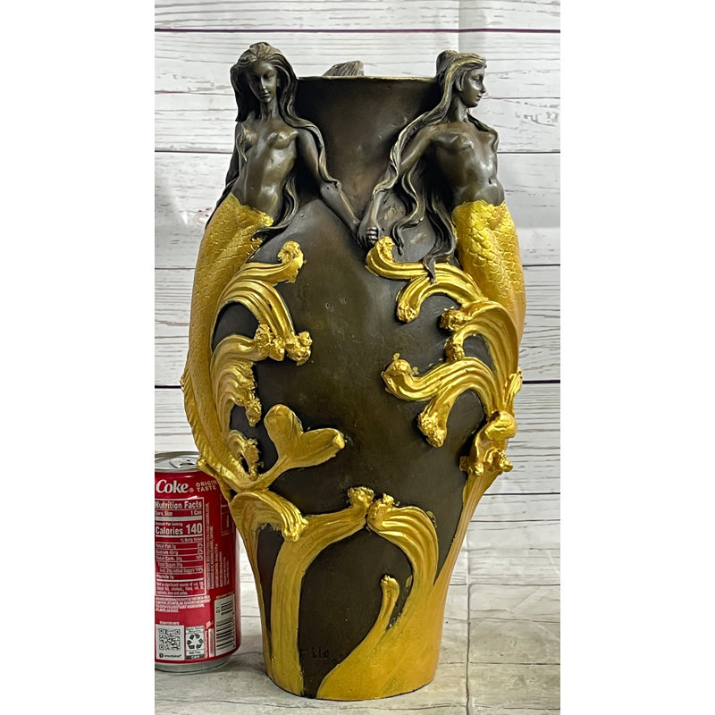 Statue de sirène nue sur vase en métal bronze sculpture statue urne signée Milo