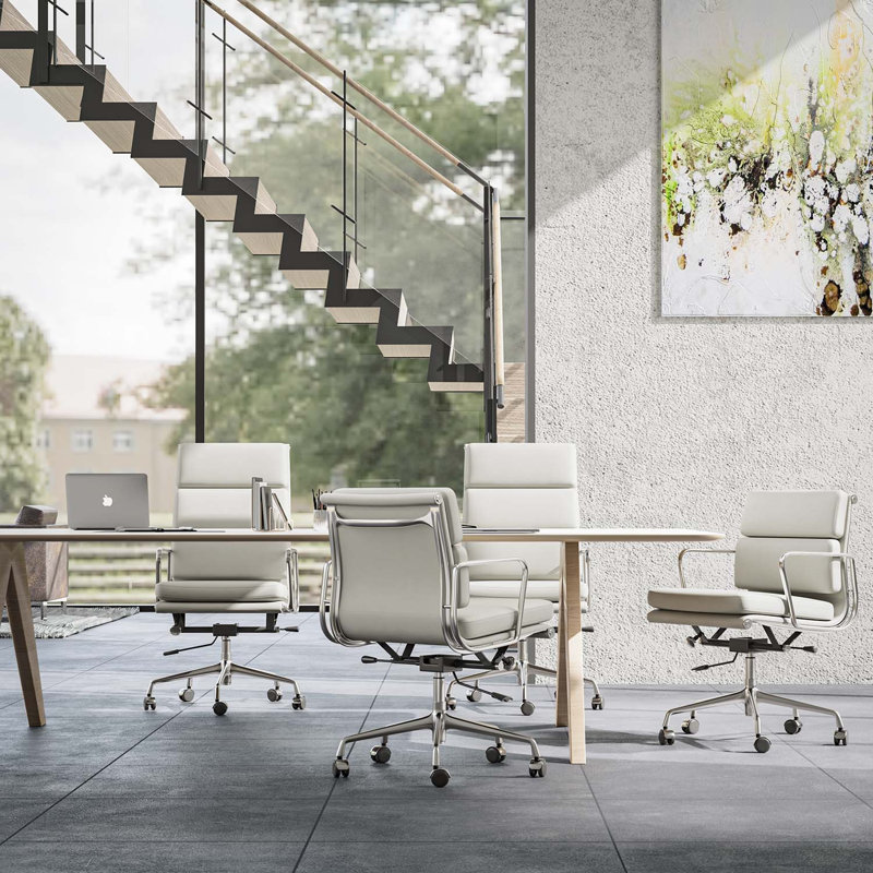 Modern Leather Office Chair With Aluminum Alloy Base, Adjustable Swivel Executive Desk Chair With Arms For Home Office, White