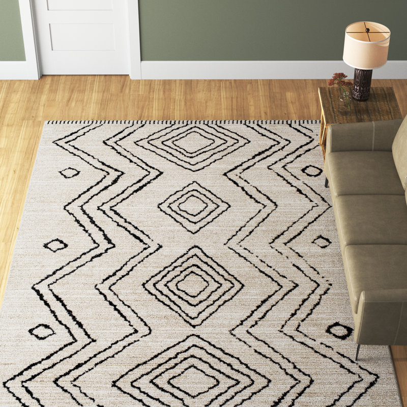 Mel Moroccan Area Rug in Black/Cream, Rectangle 5'3" x 7'