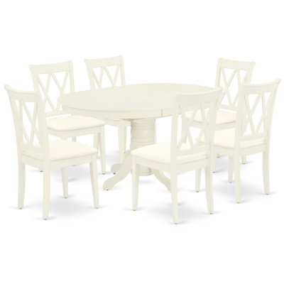 7 Piece Dining Room Table Set consists of an Oval Kitchen Table with Butterfly Leaf and 6 Linen Fabric Upholstered Dining Chairs, Linen White