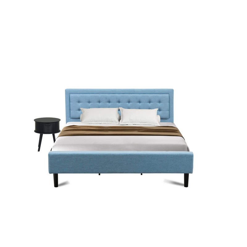 2-Piece Platform Bedroom Furniture Set with 1 Platform Bed and a Wood Nightstand - Reliable and Durable Manufacturing - Denim Blue Linen Fabric