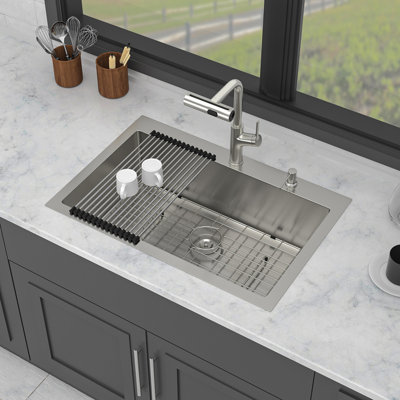33" Drop-In Kitchen Sink With Pull-Out Faucet And Soap Dispenser - 33 X 22 X 10 Inch Single Bowl 16 Gauge Stainless Steel Topmount Kitchen Sink Basin