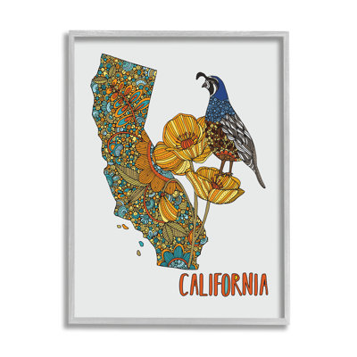 «California State Poppy Flowers Quail Bird Floral Détails» par Valentina Harper - cadre flottant, impression sur bois