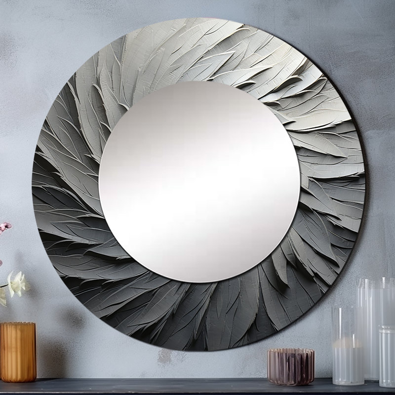 Savary Grey Beige Meditative Movement II - Abstract Spirals Unique Wall Mirror Decor, Gray Large Round Mirror, Printed Metal Art