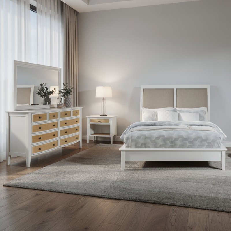 Heo 4pc Queen Bedroom Set, Rattan Woven Drawer, Brown Fabric, White, Queen
