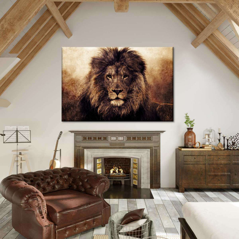 Tête de lion grunge - impression sur toile tendue, H 32 po x l 48 po x P 1,25 po