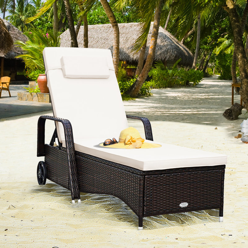 Outdoor Wicker Chaise Lounge , Cushion Included, Cream