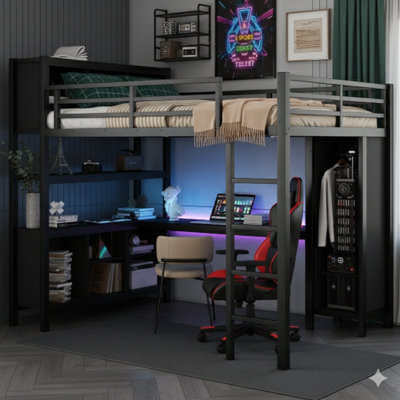 Lit mezzanine double en métal noir robuste avec garde-robe, bureau en L, cubes de rangement et tablettes pour tous les âges