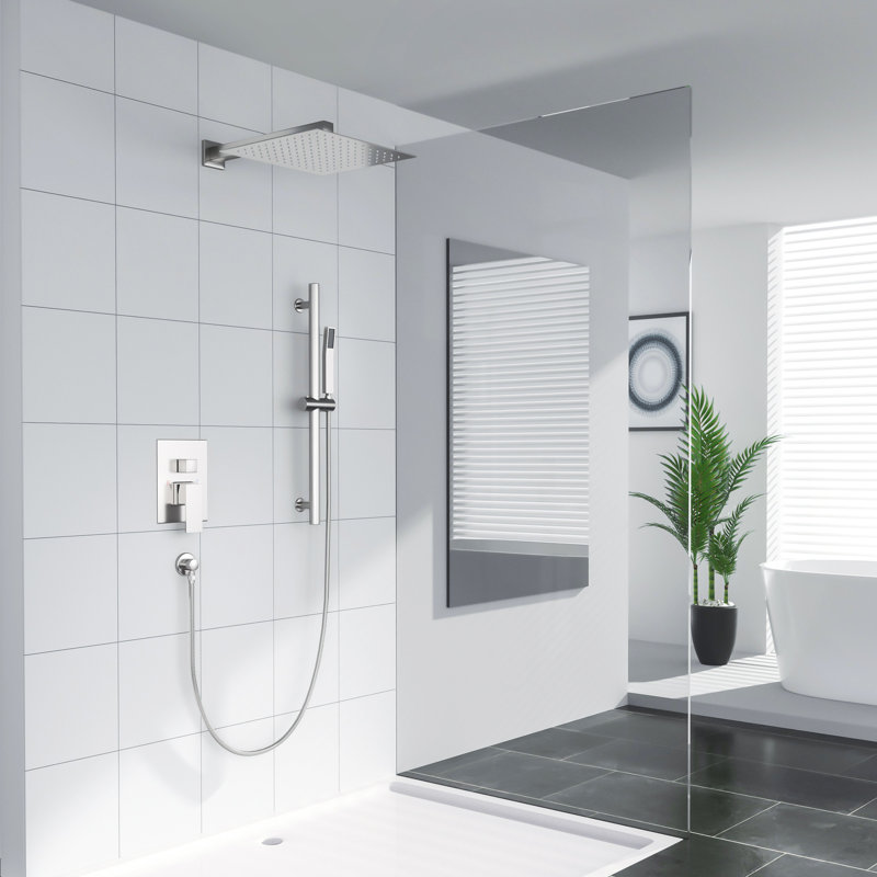Système de douche à pluie à pression équilibrée avec pommeau de douche mural 12 po, Nickel brossé