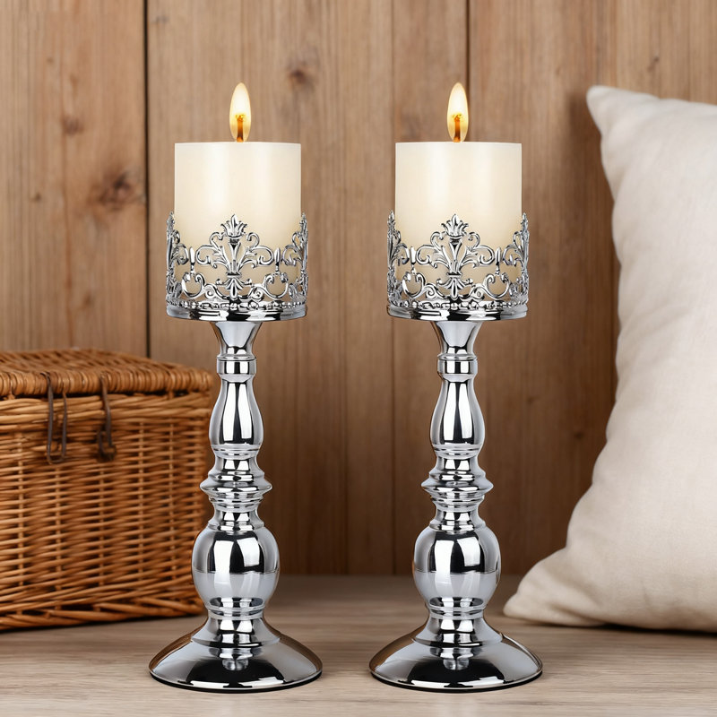 Candle Holders For Pillar Candles, Vintage Tall Candle Stand Set Of 2, Decorative Table Centerpieces For Home Decor, Silver