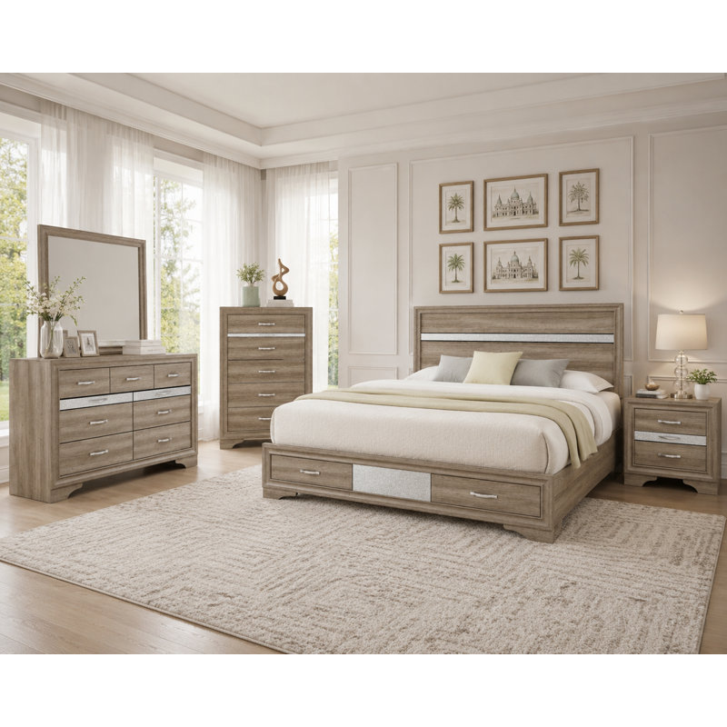 Ensemble de chambre à coucher Ryder 5 pièces pour lit king avec tête de lit à panneaux et pied de lit à deux tiroirs, Natural