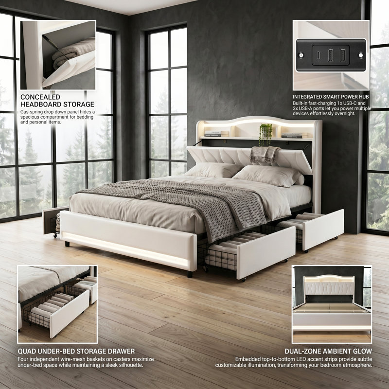EU Double & Kingsize Velvet Storage Bed with App-Controlled RGB LED & USB C Charging, 4-Drawer Upholstered Platform Bed Frame with Storage Headboard, Beige/Grey, 140/160x200cm