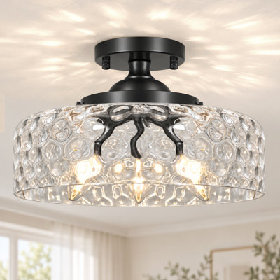 3-Light Matte Black Semi-Flush Mount with Clear Hammered Glass Shade