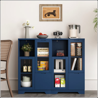 Armoire en bois avec 2 portes en verre et 2 espaces de rangement, salle de bain de salon bleue