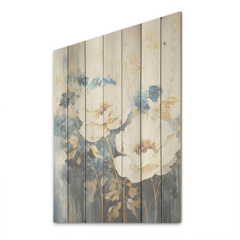 Fleurs dorées et blanches de saison dorées Dream I - Fleurs saisonnières, art sur bois de pin naturel, H 32 po x l 24 po