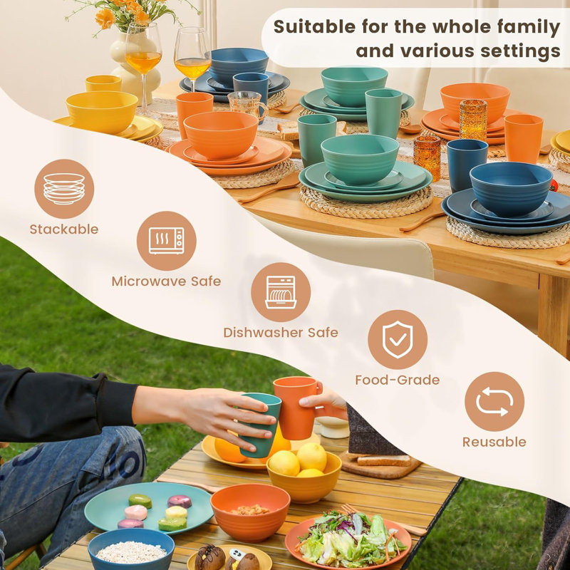 40-Piece Premium Wheat Straw Dinnerware Sets Service For 8, Unbreakable Plates And Bowls Set Cups Sets, Dinner Plates, Bowls For Kitchen,Dishwasher And Microwave Safe Dishes Set Multi