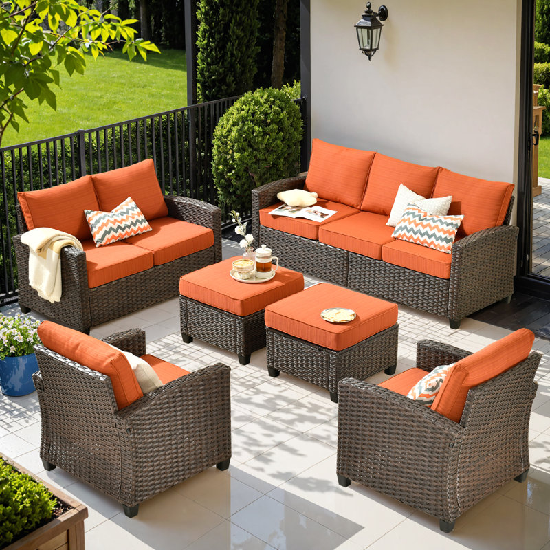 Lou 7 - Person Wicker Outdoor Conversation Set, Patio Sofa Set with Cushions, Orange Red