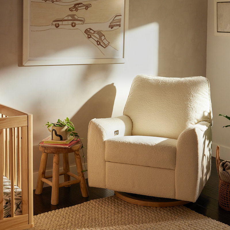 Sunday Power Recliner and Swivel Glider, Beige Sherpa, Dark Wood