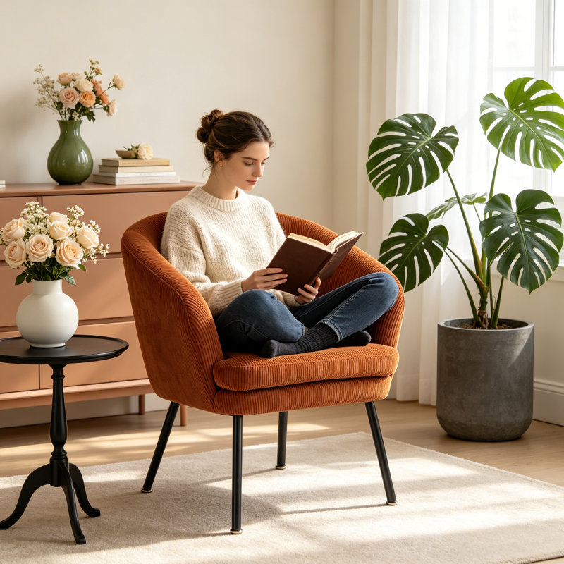 Fauteuil demi-tonneau gris en velours côtelé avec pieds en métal noir, fauteuil d'appoint capitonné Modern Channel avec rembourrage en mousse dense, fauteuil simple confortable pour le bureau de la chambre à coucher du salon