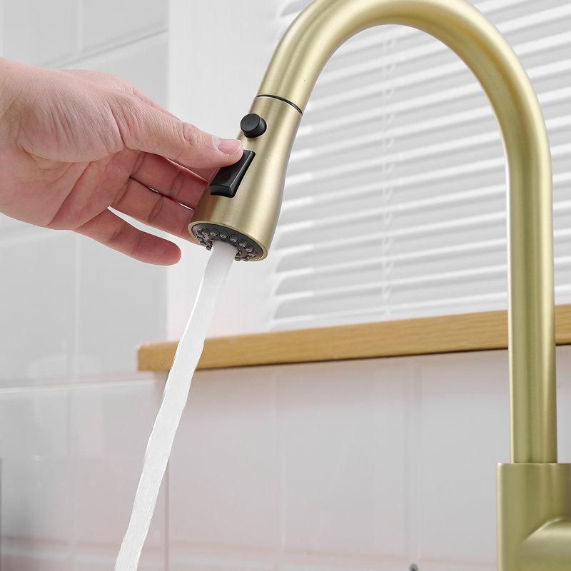 Nickel Gold Kitchen Tap With Deck Plate And Pull-Out , Single Handle, 360 Swivel Water Spray Mode, Ceramic Filler, Stainless Steel, Classic Sink Faucets Swiveling Stream,